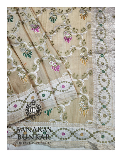 Banarasi Handloom Pure Khaddi Tussar Georgette Saree with Elegant Resham Floral Buta & silver Zari Weaving