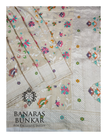 Banarasi Handloom Pure Khaddi Tussar Georgette Saree with Elegant Resham Floral Buta jaal & silver Zari Weaving