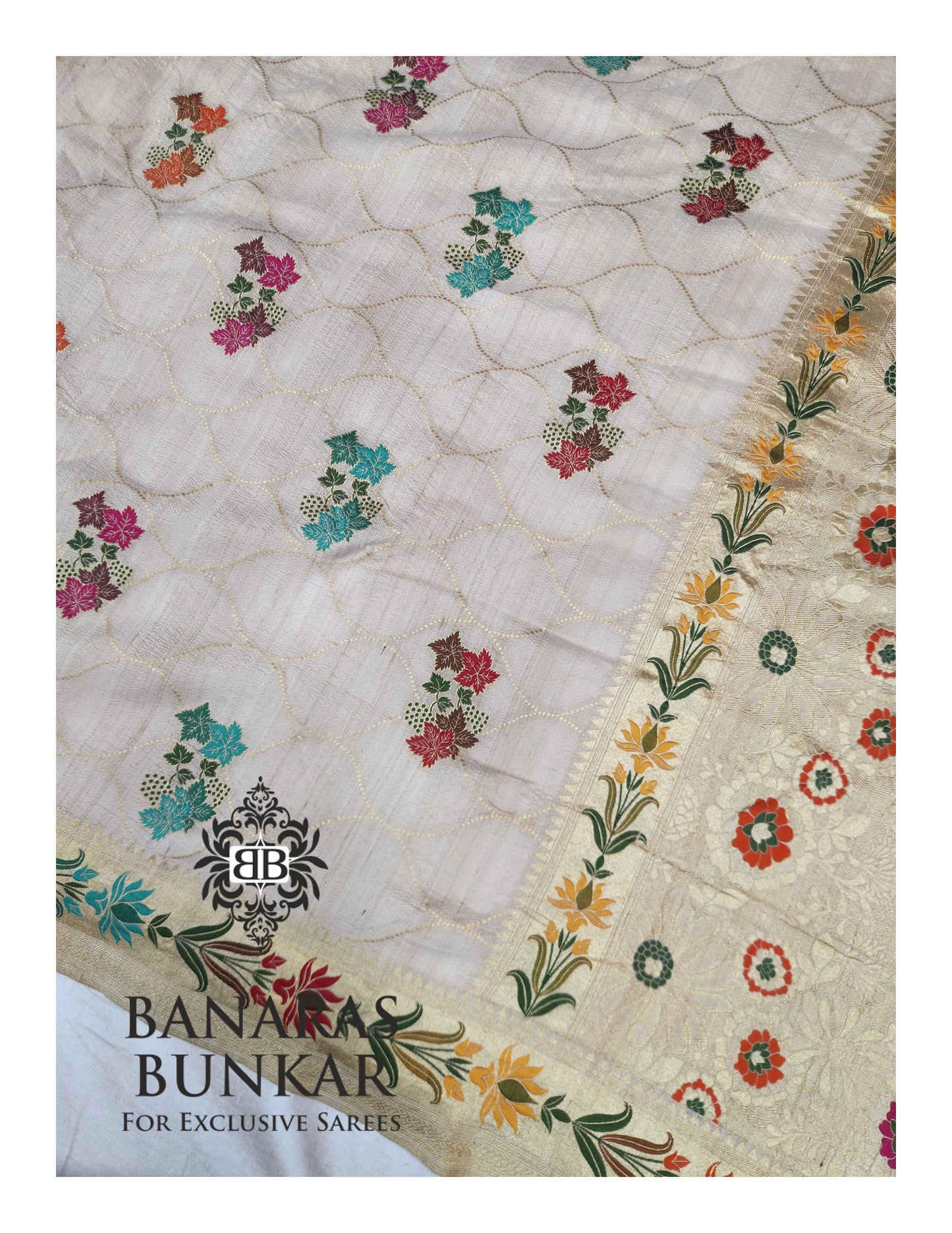 Banarasi Handloom Pure Khaddi Tussar Georgette Saree with Elegant Resham Floral Buta & Gold Zari Weaving