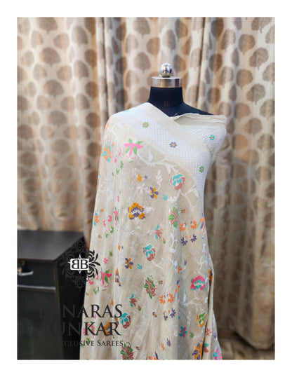 Banarasi Handloom Pure Khaddi Tussar Georgette Saree with Elegant Resham Floral Buta jaal & silver Zari Weaving