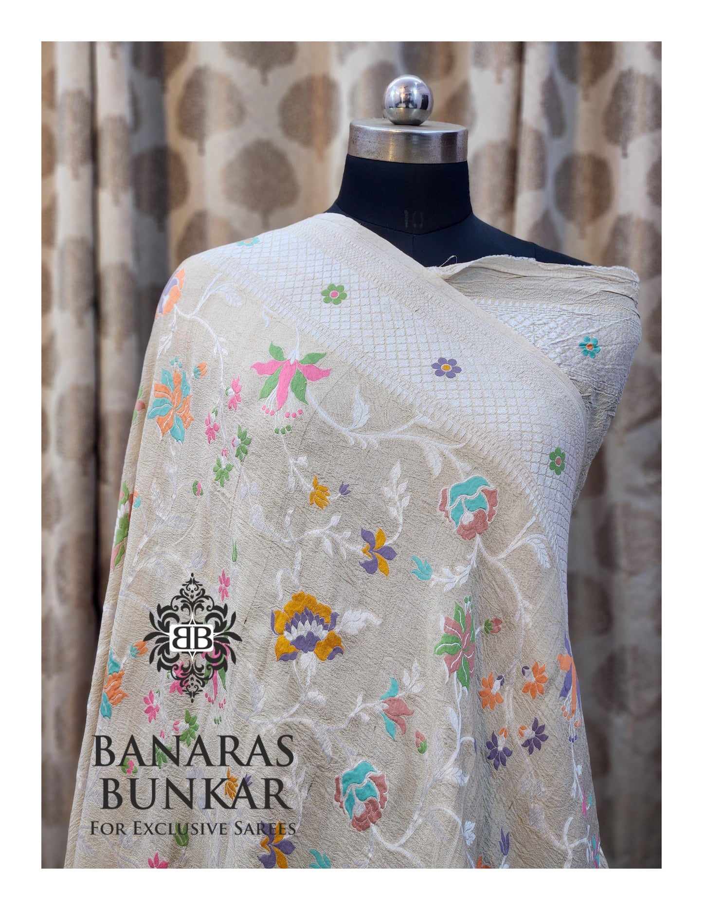 Banarasi Handloom Pure Khaddi Tussar Georgette Saree with Elegant Resham Floral Buta jaal & silver Zari Weaving