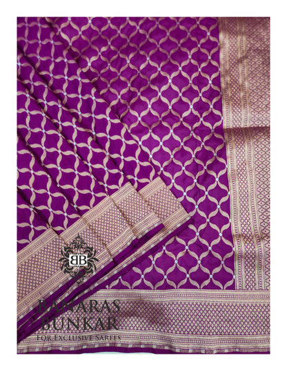 Banarasi Handloom Katan Silk Saree with Allover Chunar Jali & Almond Gold Zari Weaving