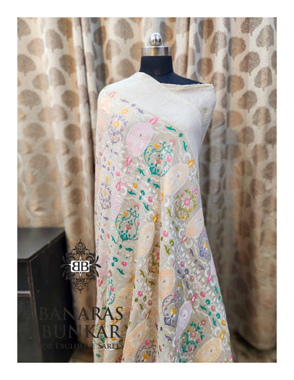 Banarasi Handloom Pure Khaddi Tussar Georgette Saree with Elegant Resham Floral Buta & Gold Zari Weaving