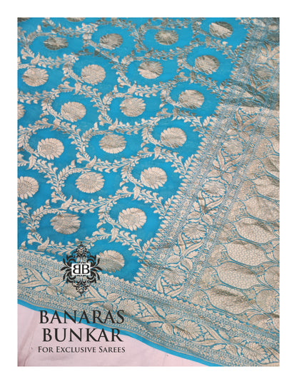 Teal Blue Banarasi Handloom Khaddi Georgette saree| Allover Floral Jaal Design & Equal Border in water zari