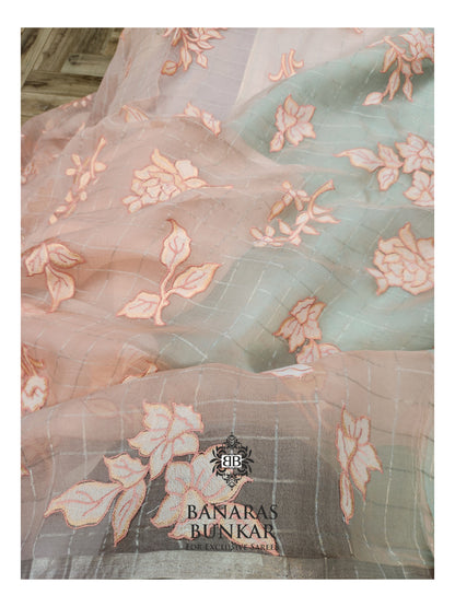 Banarasi Pure Chikankari Organza Silk Saree with Allover Floral Buta Resham Embroidery