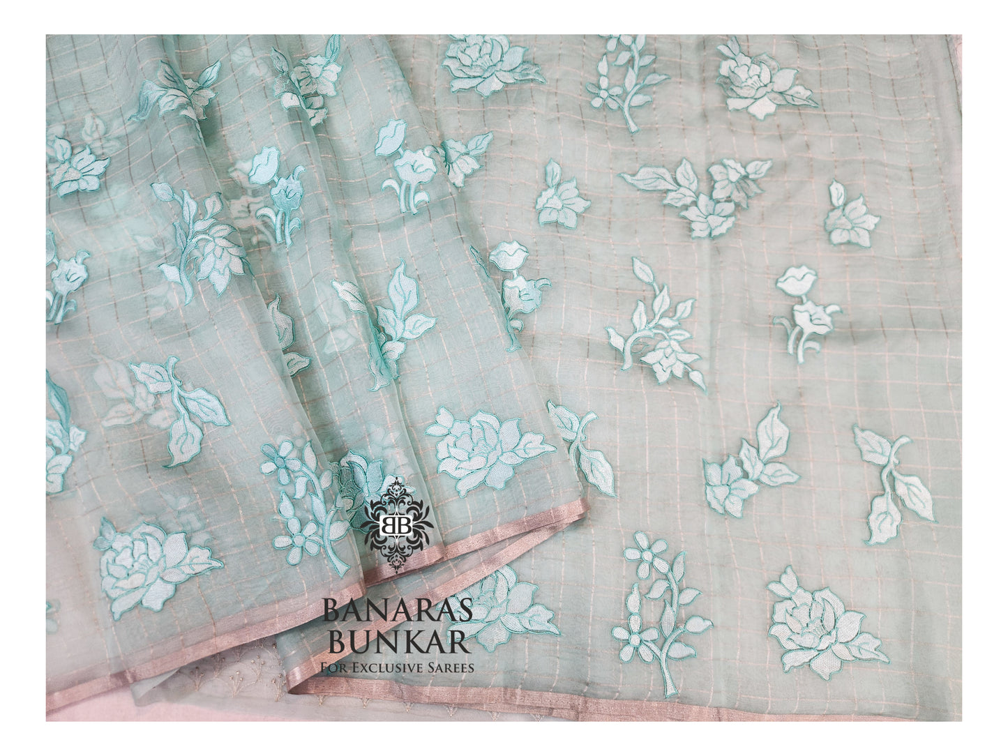 Banarasi Pure Chikankari Organza Silk Saree with Allover Floral Buta Resham Embroidery