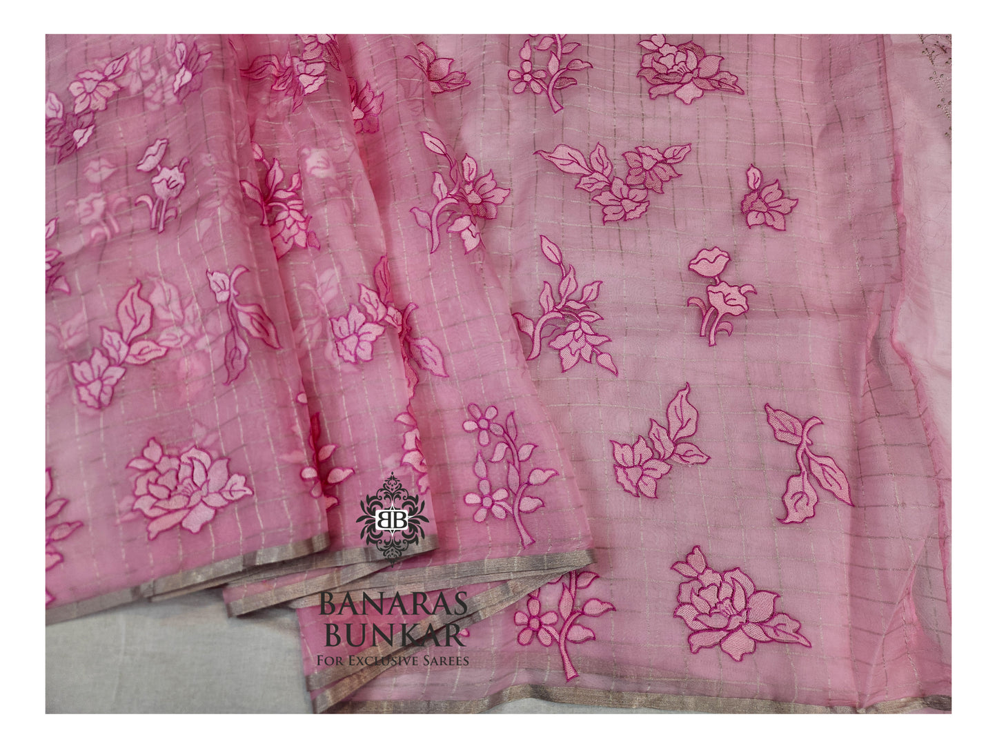 Banarasi Pure Chikankari Organza Silk Saree with Allover Floral Buta Resham Embroidery