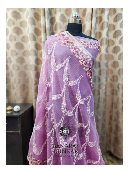 Banarasi Pure Organza Chikankari Silk Saree with Resham & Thread Embroidery