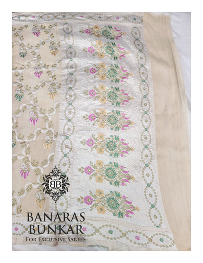 Banarasi Handloom Pure Khaddi Tussar Georgette Saree with Elegant Resham Floral Buta & silver Zari Weaving