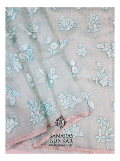 Banarasi Pure Chikankari Organza Silk Saree with Allover Floral Buta Resham Embroidery