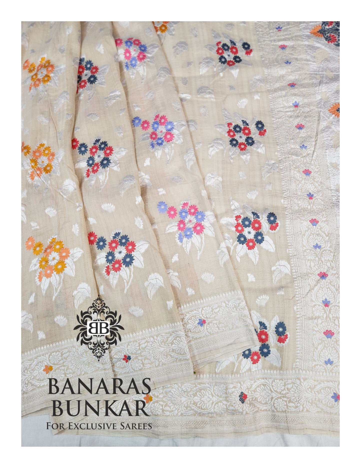 Banarasi Handloom Pure Khaddi Tussar Georgette Saree with Elegant Resham Floral Buti & Silver Zari Weaving