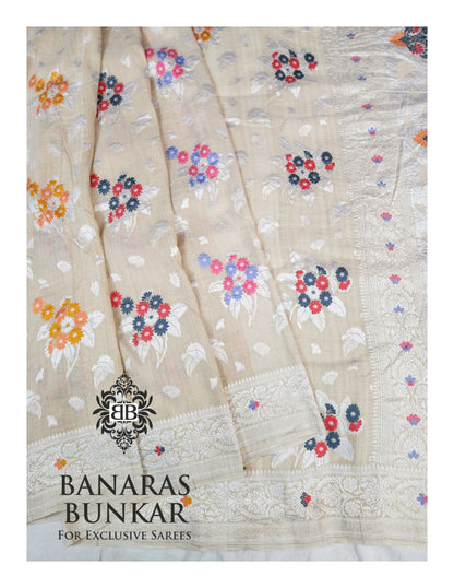 Banarasi Handloom Pure Khaddi Tussar Georgette Saree with Elegant Resham Floral Buti & Silver Zari Weaving