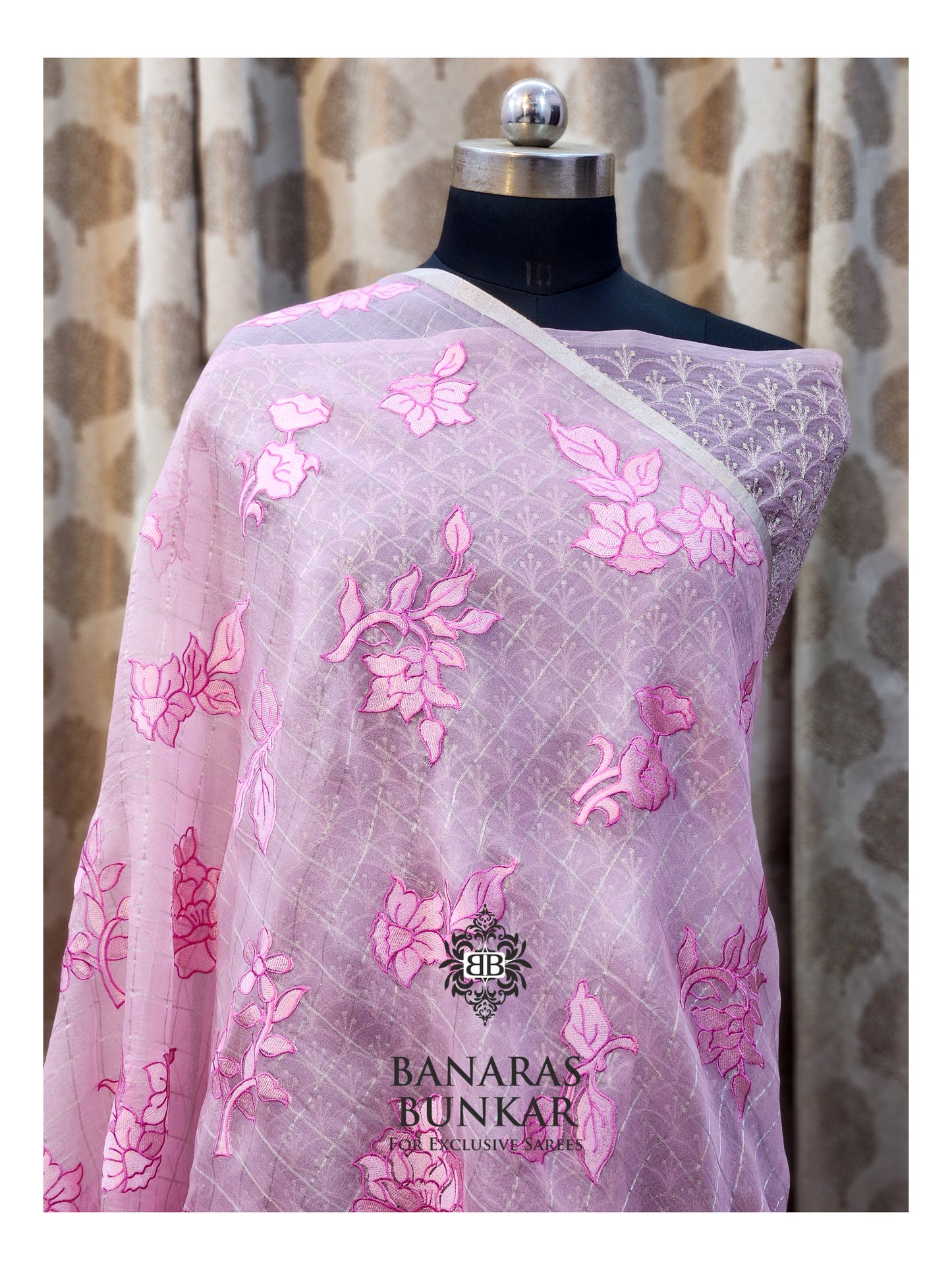 Banarasi Pure Chikankari Organza Silk Saree with Allover Floral Buta Resham Embroidery