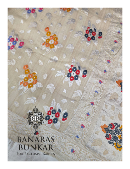 Banarasi Handloom Pure Khaddi Tussar Georgette Saree with Elegant Resham Floral Buti & Silver Zari Weaving