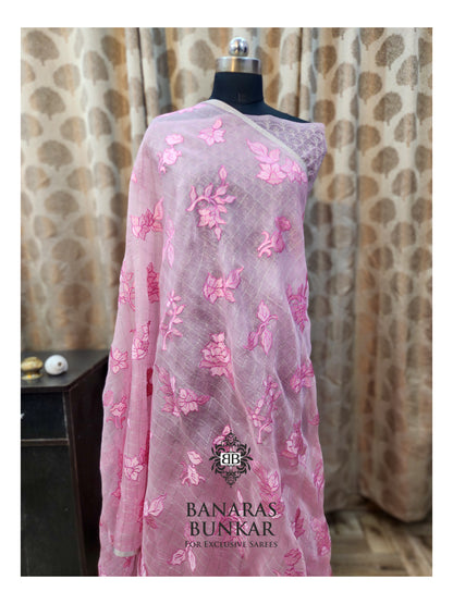 Banarasi Pure Chikankari Organza Silk Saree with Allover Floral Buta Resham Embroidery