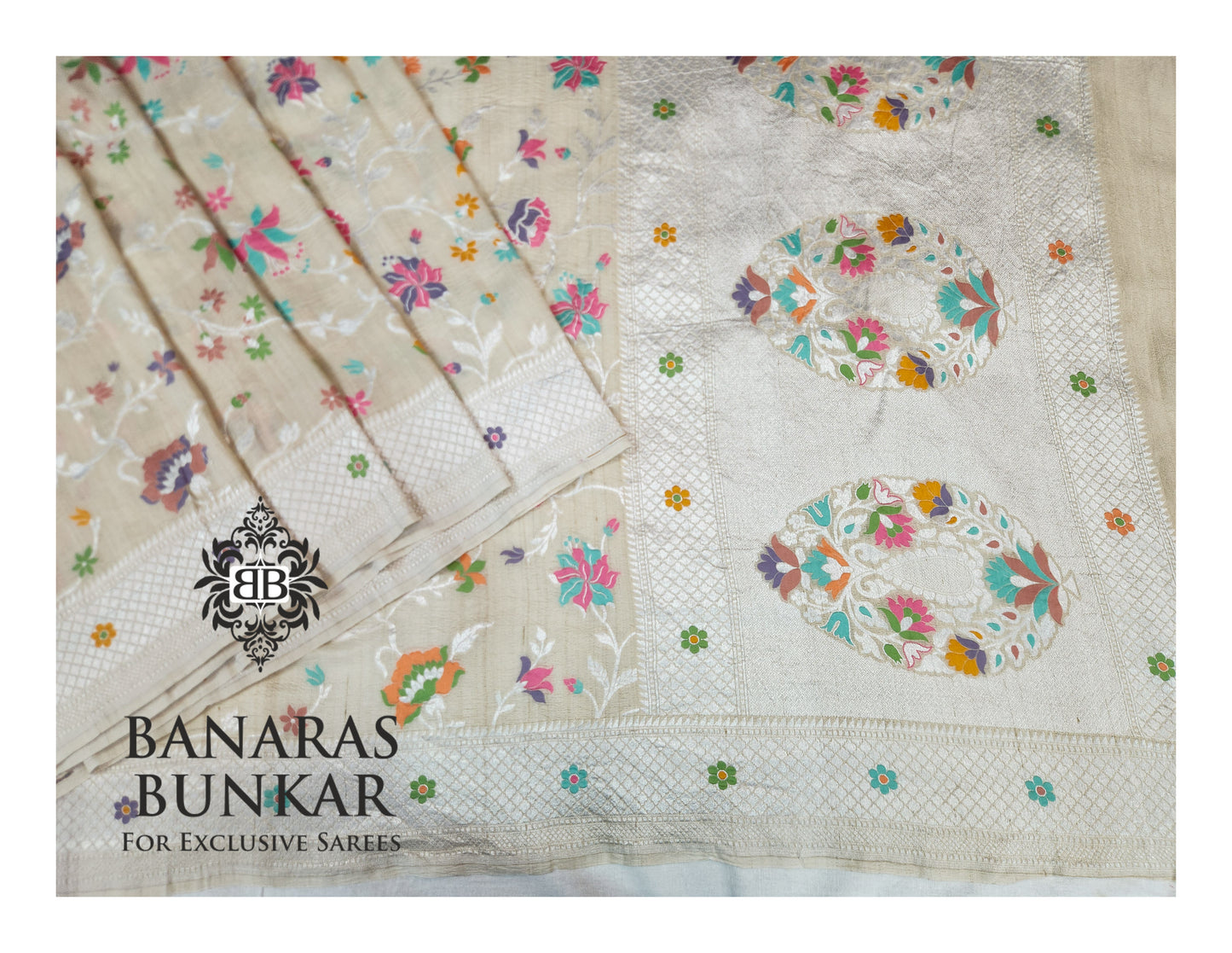 Banarasi Handloom Pure Khaddi Tussar Georgette Saree with Elegant Resham Floral Buta jaal & silver Zari Weaving