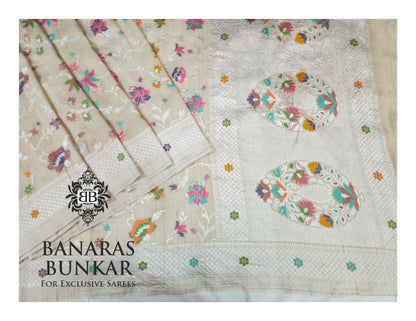 Banarasi Handloom Pure Khaddi Tussar Georgette Saree with Elegant Resham Floral Buta jaal & silver Zari Weaving