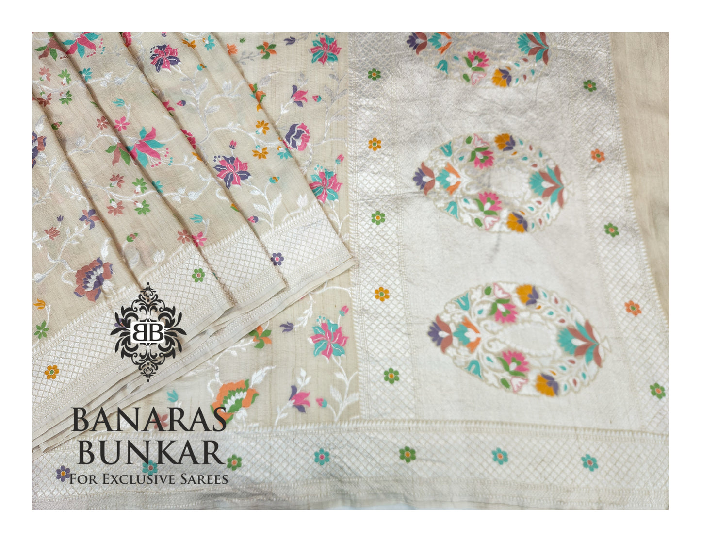 Banarasi Handloom Pure Khaddi Tussar Georgette Saree with Elegant Resham Floral Buta jaal & silver Zari Weaving