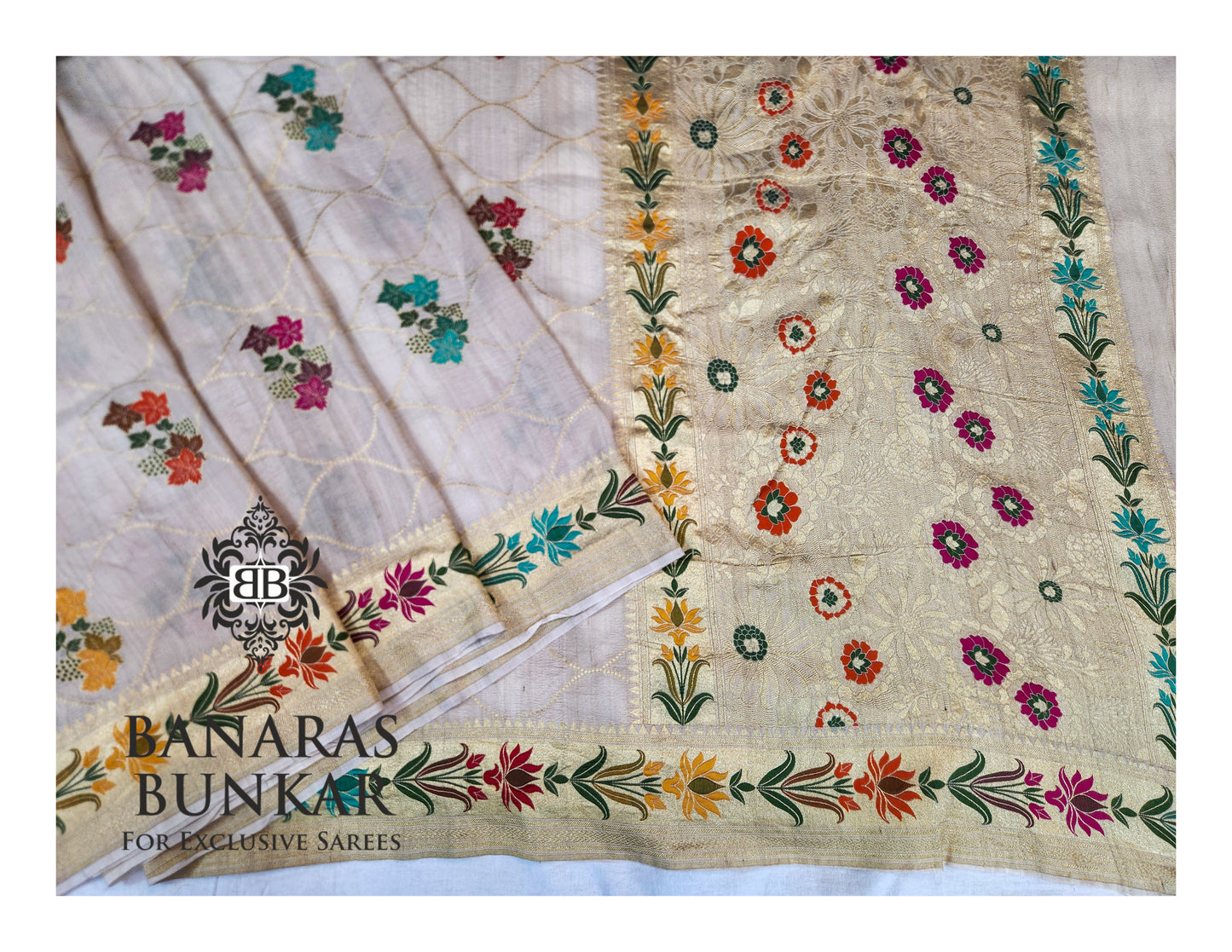Banarasi Handloom Pure Khaddi Tussar Georgette Saree with Elegant Resham Floral Buta & Gold Zari Weaving