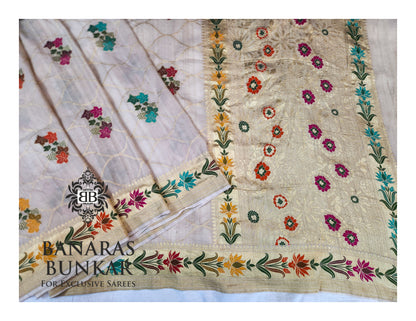 Banarasi Handloom Pure Khaddi Tussar Georgette Saree with Elegant Resham Floral Buta & Gold Zari Weaving