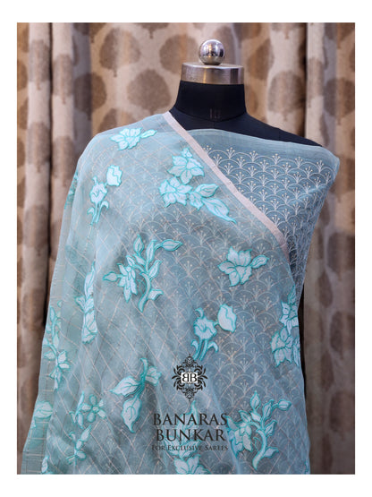 Banarasi Pure Chikankari Organza Silk Saree with Allover Floral Buta Resham Embroidery