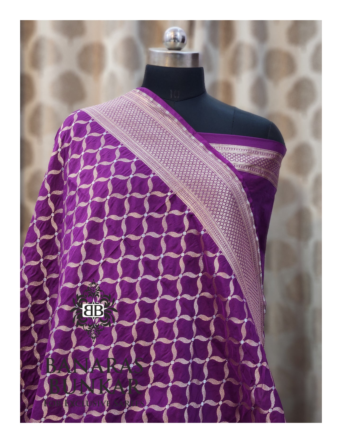 Banarasi Handloom Katan Silk Saree with Allover Chunar Jali & Almond Gold Zari Weaving