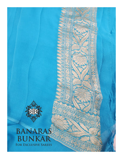 Teal Blue Banarasi Handloom Khaddi Georgette saree| Allover Floral Jaal Design & Equal Border in water zari