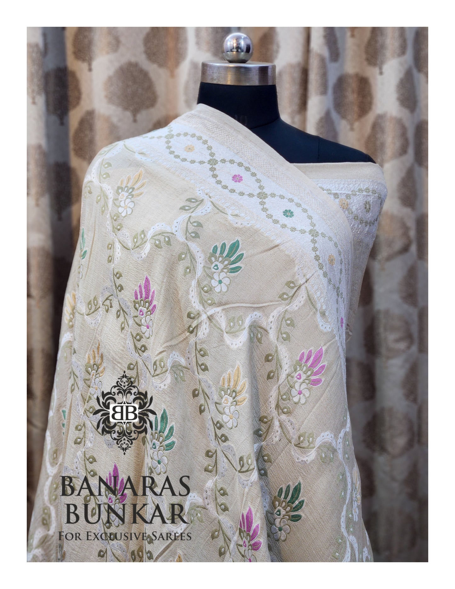 Banarasi Handloom Pure Khaddi Tussar Georgette Saree with Elegant Resham Floral Buta & silver Zari Weaving