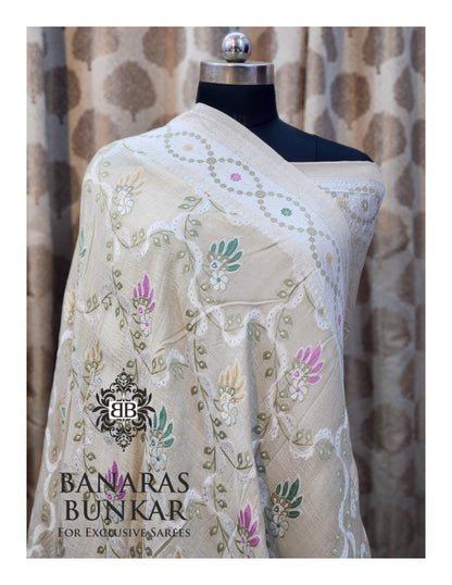 Banarasi Handloom Pure Khaddi Tussar Georgette Saree with Elegant Resham Floral Buta & silver Zari Weaving