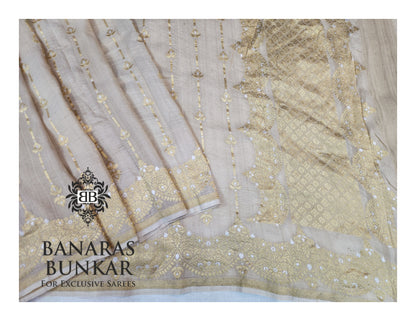 Banarasi Handloom Pure Khaddi Tussar Georgette Saree with Zari Buti & Intricate Border