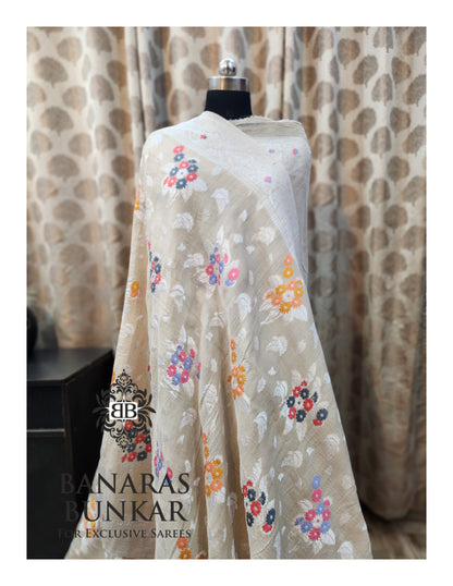Banarasi Handloom Pure Khaddi Tussar Georgette Saree with Elegant Resham Floral Buti & Silver Zari Weaving