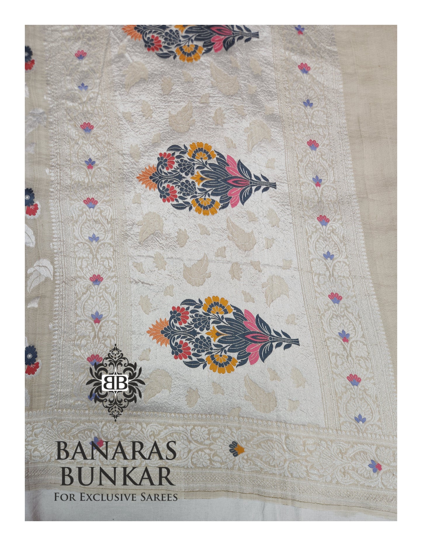 Banarasi Handloom Pure Khaddi Tussar Georgette Saree with Elegant Resham Floral Buti & Silver Zari Weaving