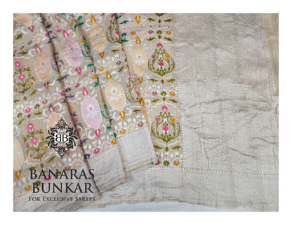 Banarasi Handloom Pure Khaddi Tussar Georgette Saree with Elegant Resham Floral Buta & Gold Zari Weaving