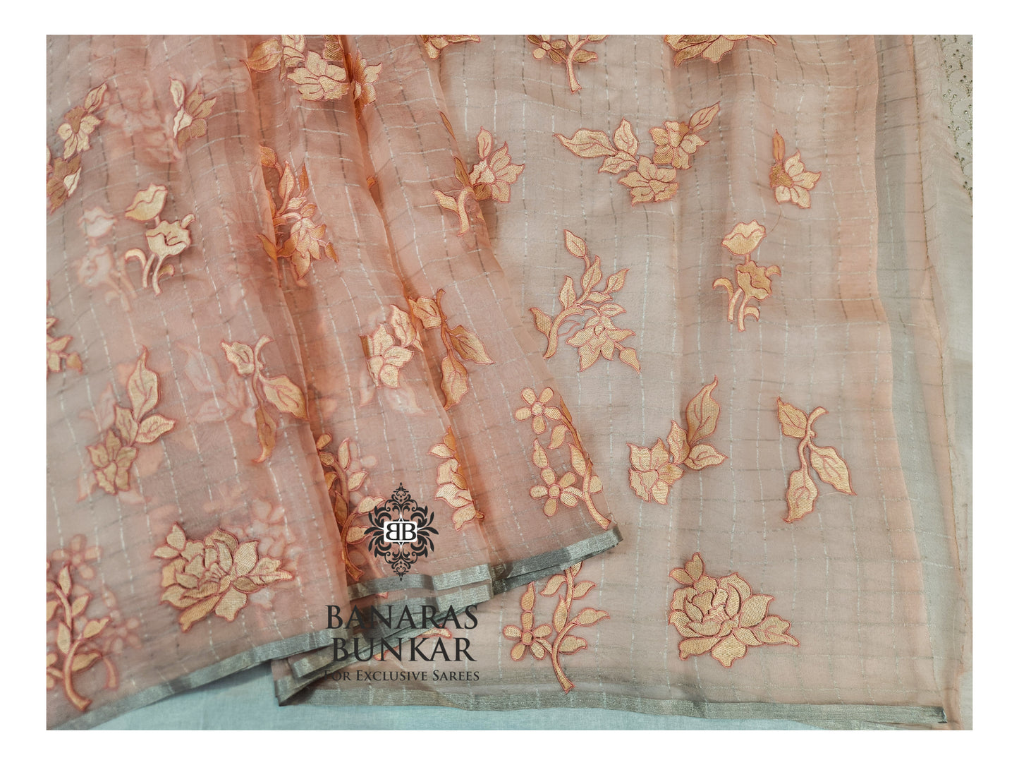 Banarasi Pure Chikankari Organza Silk Saree with Allover Floral Buta Resham Embroidery