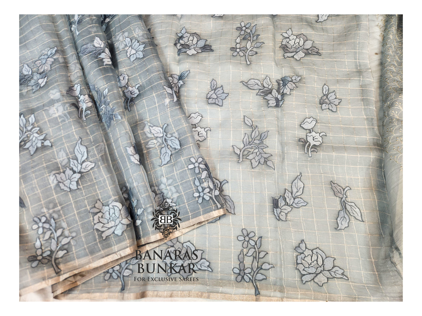 Banarasi Pure Chikankari Organza Silk Saree with Allover Floral Buta Resham Embroidery