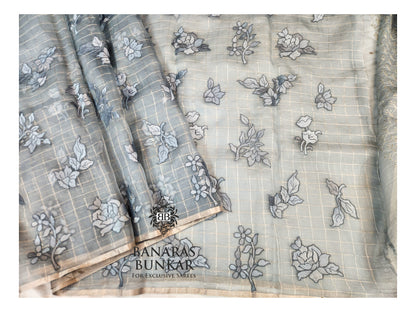 Banarasi Pure Chikankari Organza Silk Saree with Allover Floral Buta Resham Embroidery