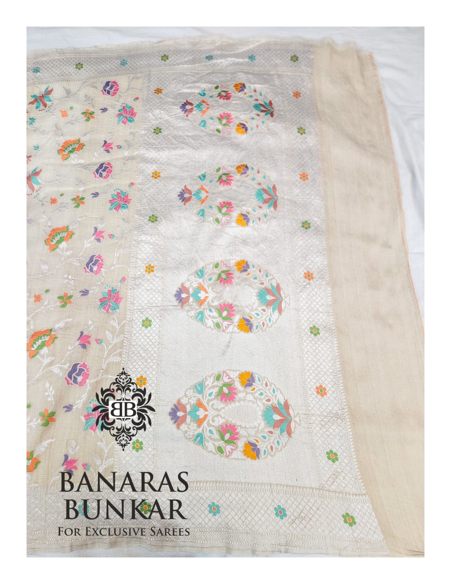 Banarasi Handloom Pure Khaddi Tussar Georgette Saree with Elegant Resham Floral Buta jaal & silver Zari Weaving