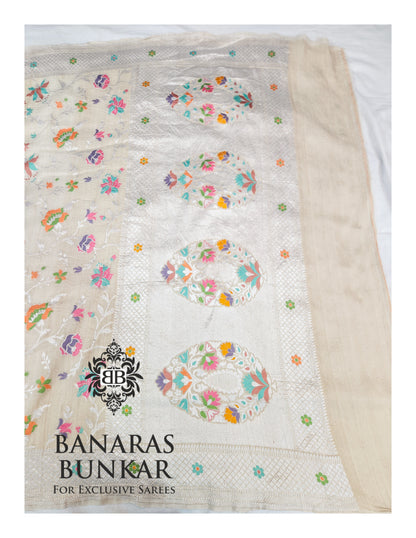 Banarasi Handloom Pure Khaddi Tussar Georgette Saree with Elegant Resham Floral Buta jaal & silver Zari Weaving
