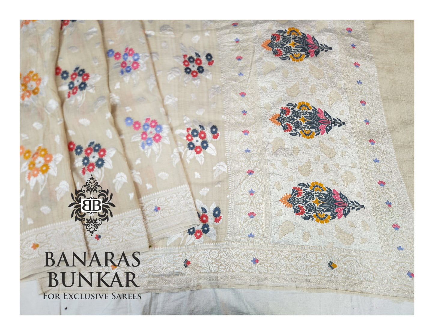 Banarasi Handloom Pure Khaddi Tussar Georgette Saree with Elegant Resham Floral Buti & Silver Zari Weaving