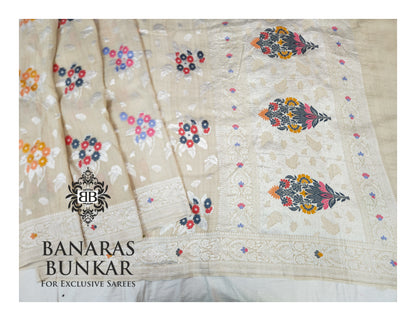 Banarasi Handloom Pure Khaddi Tussar Georgette Saree with Elegant Resham Floral Buti & Silver Zari Weaving