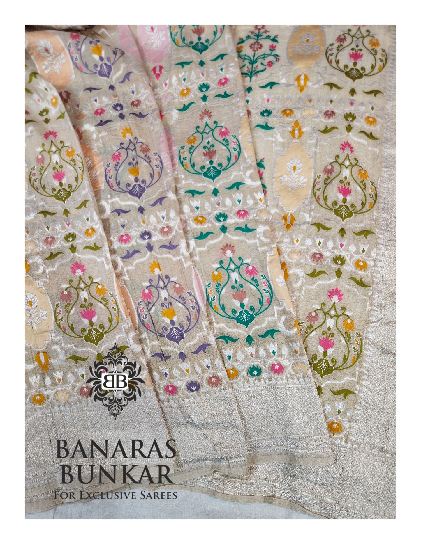 Banarasi Handloom Pure Khaddi Tussar Georgette Saree with Elegant Resham Floral Buta & Gold Zari Weaving