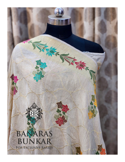 Banarasi Handloom Pure Khaddi Tussar Georgette Saree with Elegant Resham Floral Buta & Gold Zari Weaving