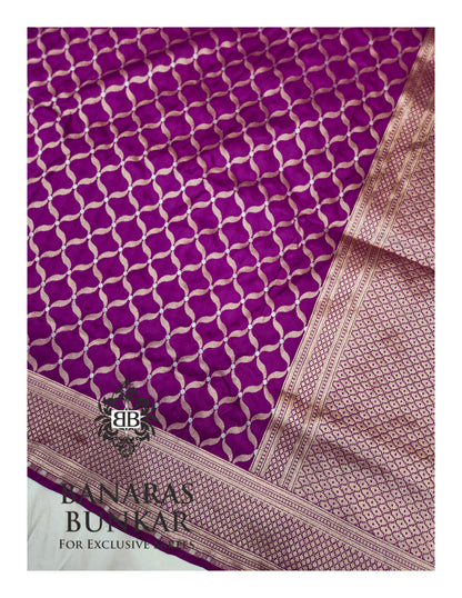 Banarasi Handloom Katan Silk Saree with Allover Chunar Jali & Almond Gold Zari Weaving
