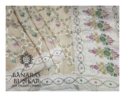 Banarasi Handloom Pure Khaddi Tussar Georgette Saree with Elegant Resham Floral Buta & silver Zari Weaving
