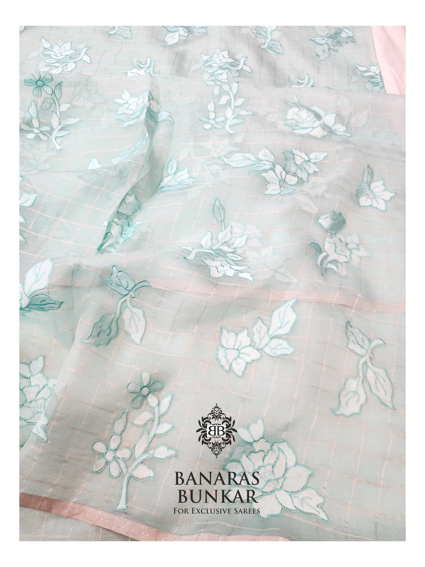 Banarasi Pure Chikankari Organza Silk Saree with Allover Floral Buta Resham Embroidery