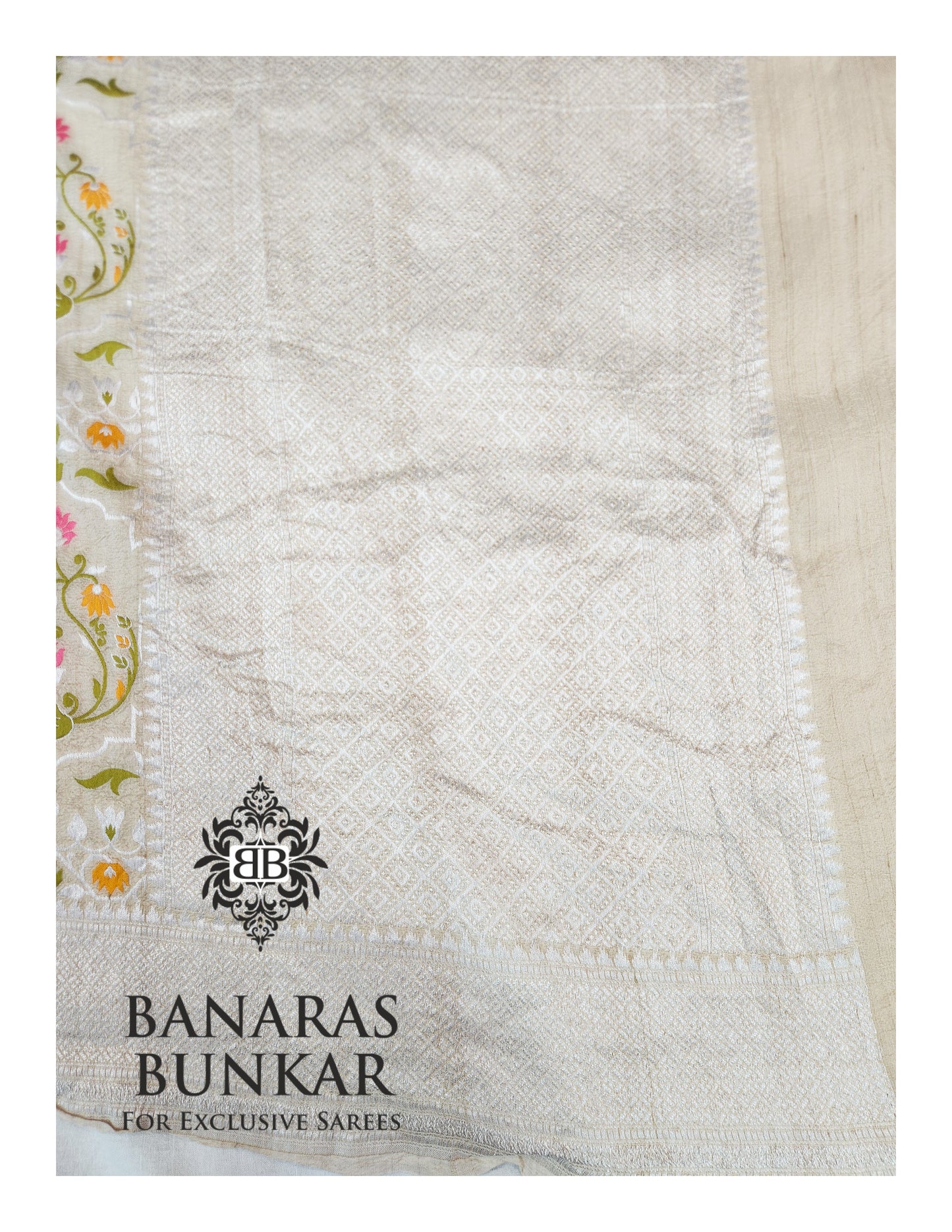 Banarasi Handloom Pure Khaddi Tussar Georgette Saree with Elegant Resham Floral Buta & Gold Zari Weaving