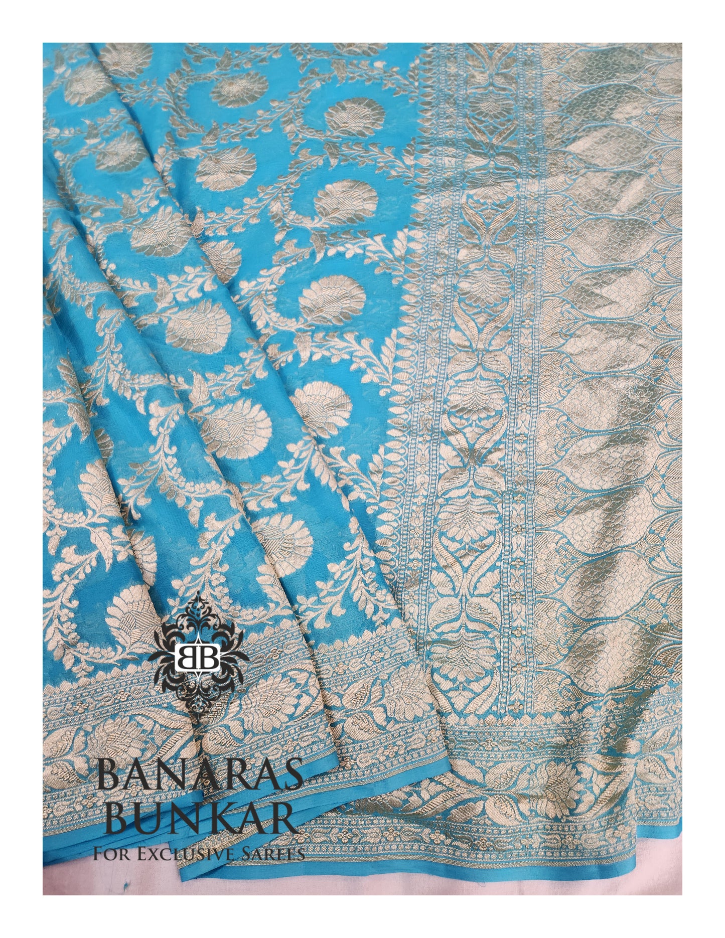Teal Blue Banarasi Handloom Khaddi Georgette saree| Allover Floral Jaal Design & Equal Border in water zari