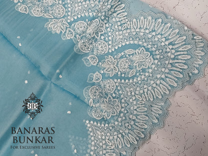 Banarasi Pure Chikenkari organza silk Dupatta - Firozi