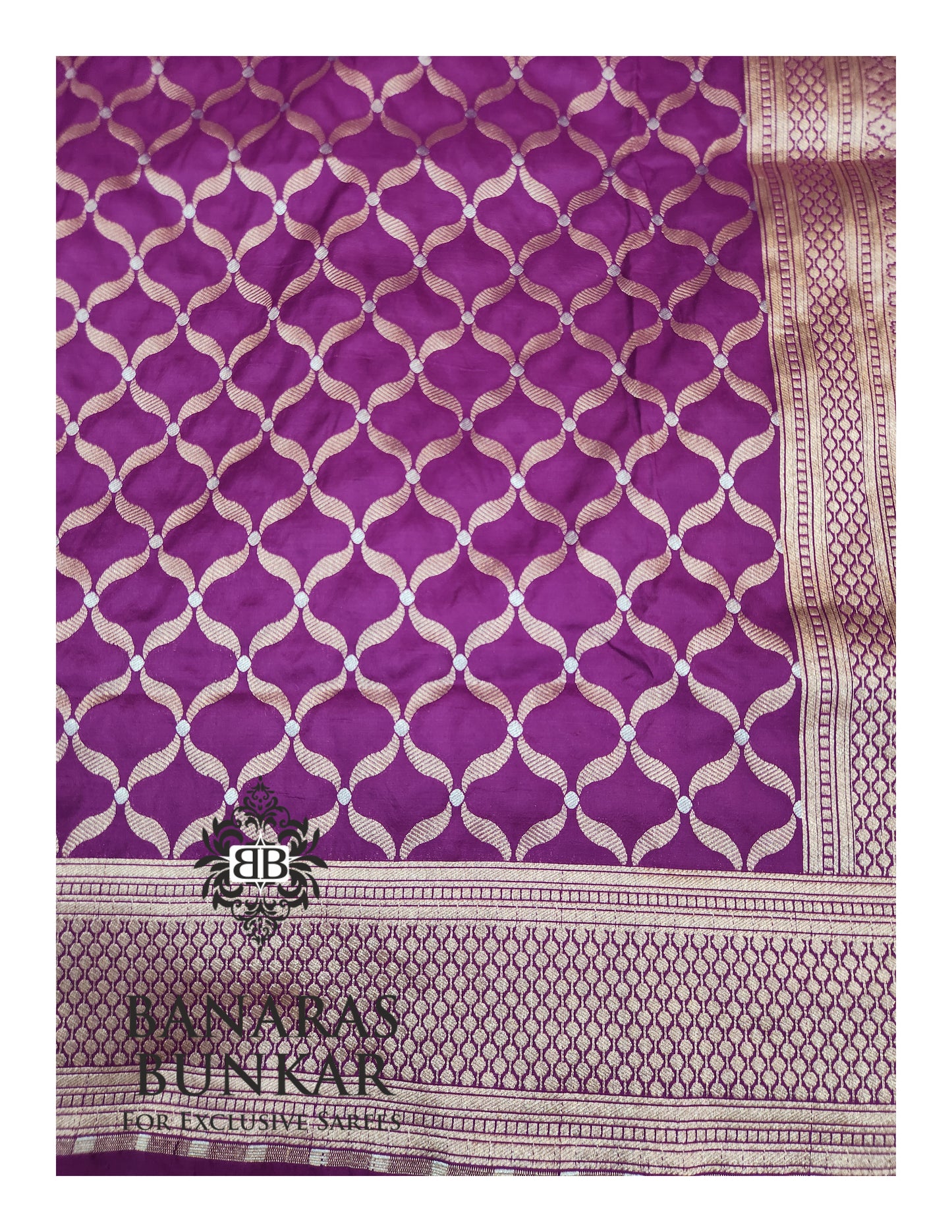 Banarasi Handloom Katan Silk Saree with Allover Chunar Jali & Almond Gold Zari Weaving