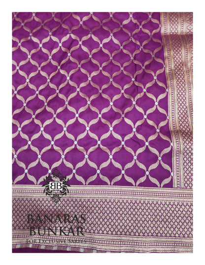 Banarasi Handloom Katan Silk Saree with Allover Chunar Jali & Almond Gold Zari Weaving